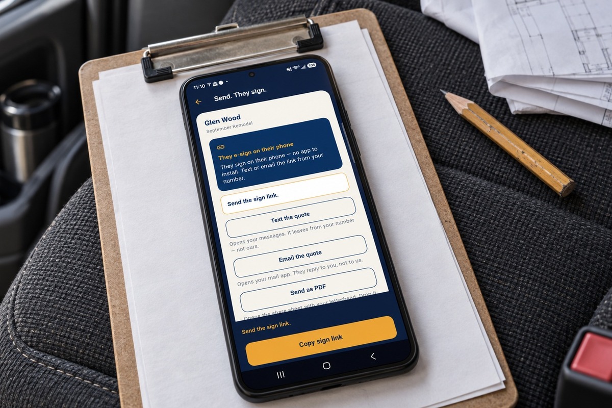 Smartphone on a wooden clipboard showing AiQuoteSnap Send. They sign. — hub cover.