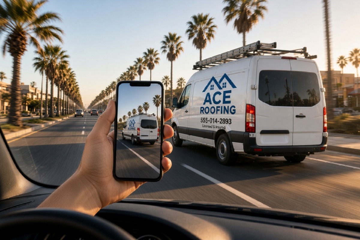 Phone snap of an Ace Roofing van from a car at speed on a palm-lined road.