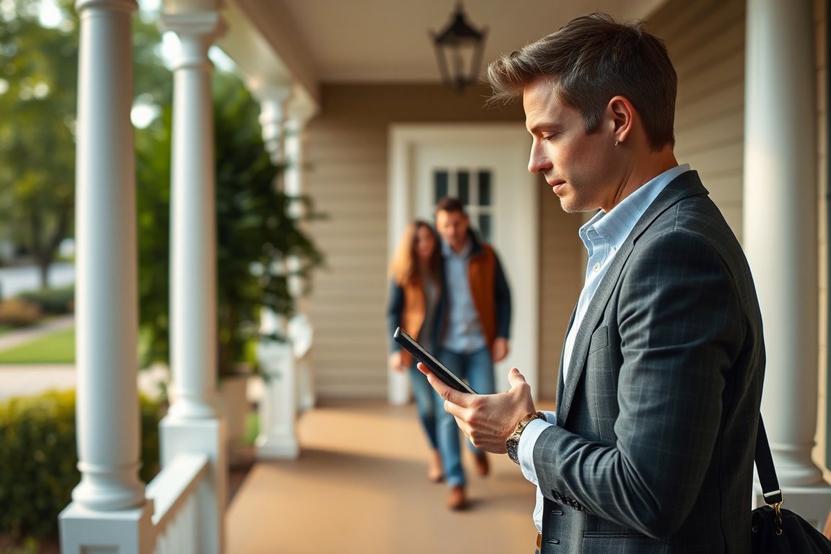 Listing agent on a porch checking his phone as a couple walks away after a showing.